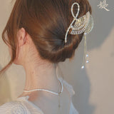 Vintage Pearl Hair Pins with Rhinestone Fan Tassel Grip