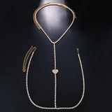 Rhinestone Heart Chain Harness Bra Necklace for Women