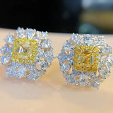 Yellow Zircon Flower Stud Earrings Silver Women Jewelry
