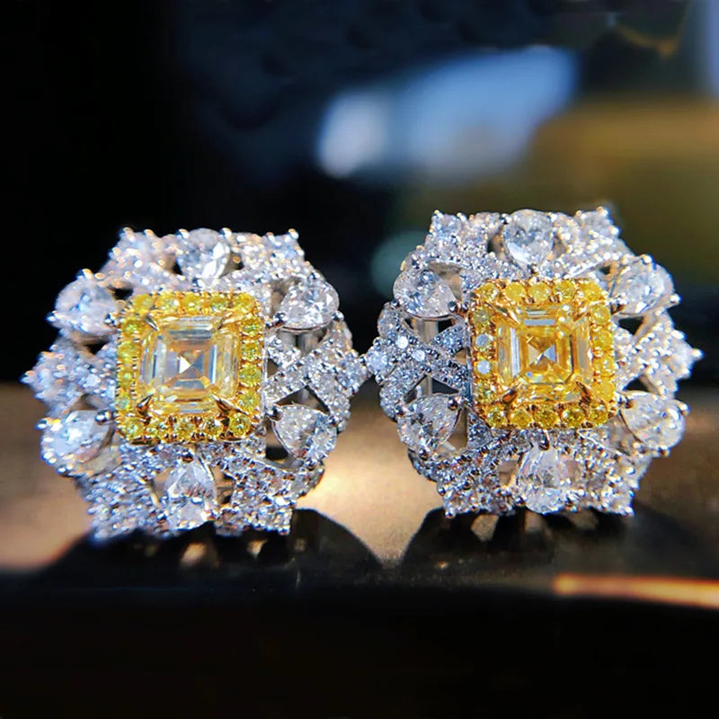 Yellow Zircon Flower Stud Earrings Silver Women Jewelry
