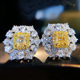 Yellow Zircon Flower Stud Earrings Silver Women Jewelry