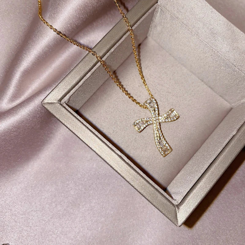 Zircon Stone Cross Pendant Silver Chain Women Jewelry Gift
