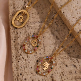Colorful Rhinestone Steel Zodiac Sign Pendant Necklace - Christmas Gift