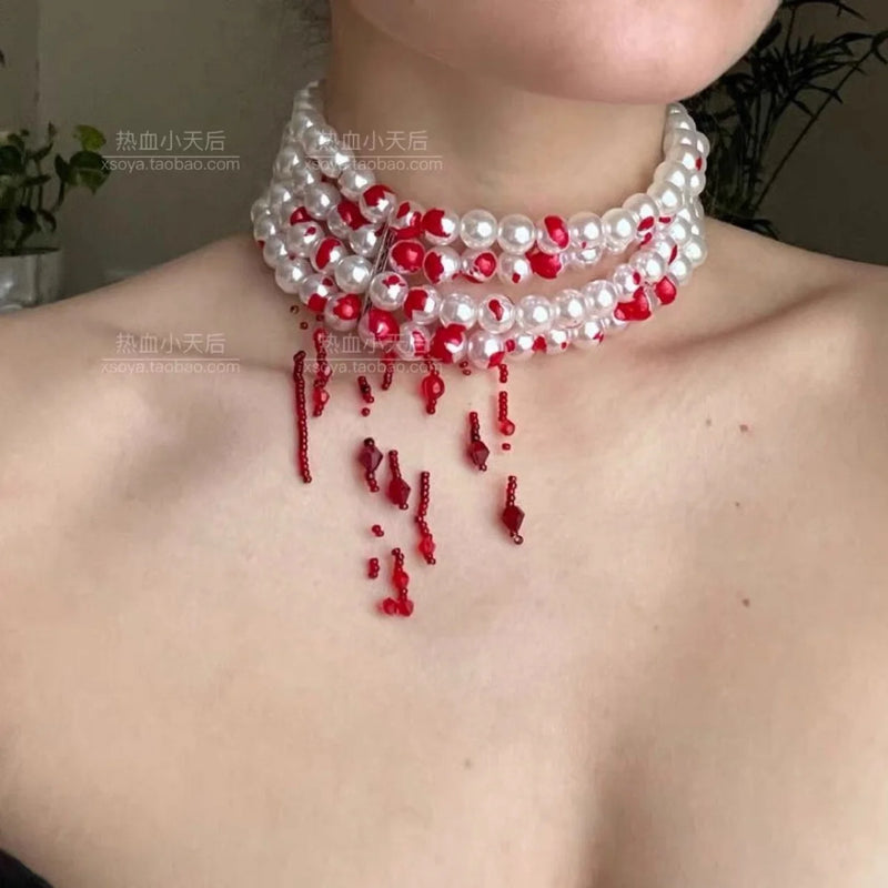 Y2K Blood Drop Pearl Multi-Layer Necklace
