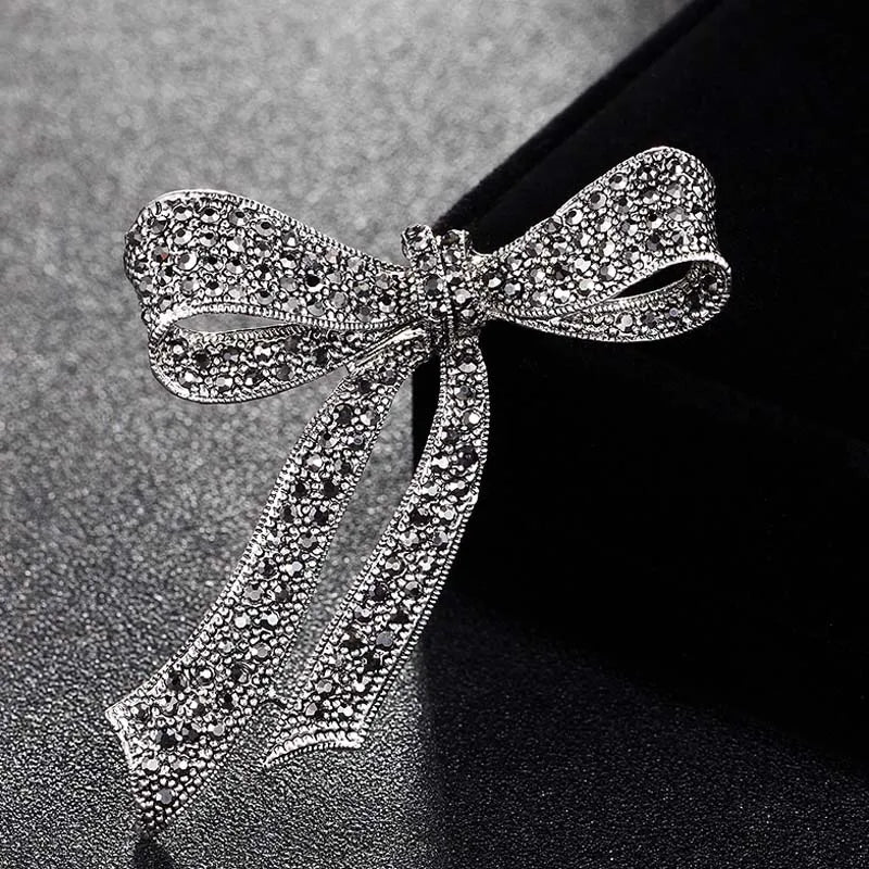 Vintage Gray Rhinestone Bow Brooch for Women Wedding Bridal Hats