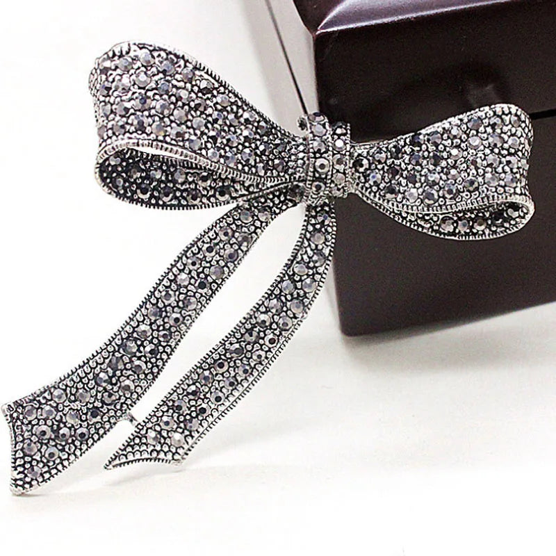 Vintage Gray Rhinestone Bow Brooch for Women Wedding Bridal Hats