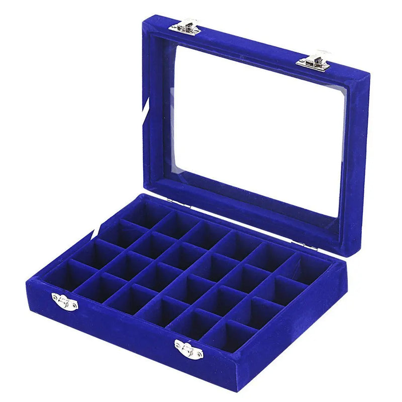 24 Slot Velvet Glass Jewelry Box Organizer Rings Earrings Tray Display