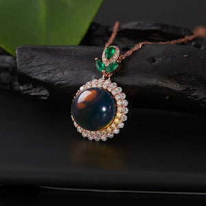 925 Silver Amber Pendant Necklace Chinese Ring Women Gemstone Zircon