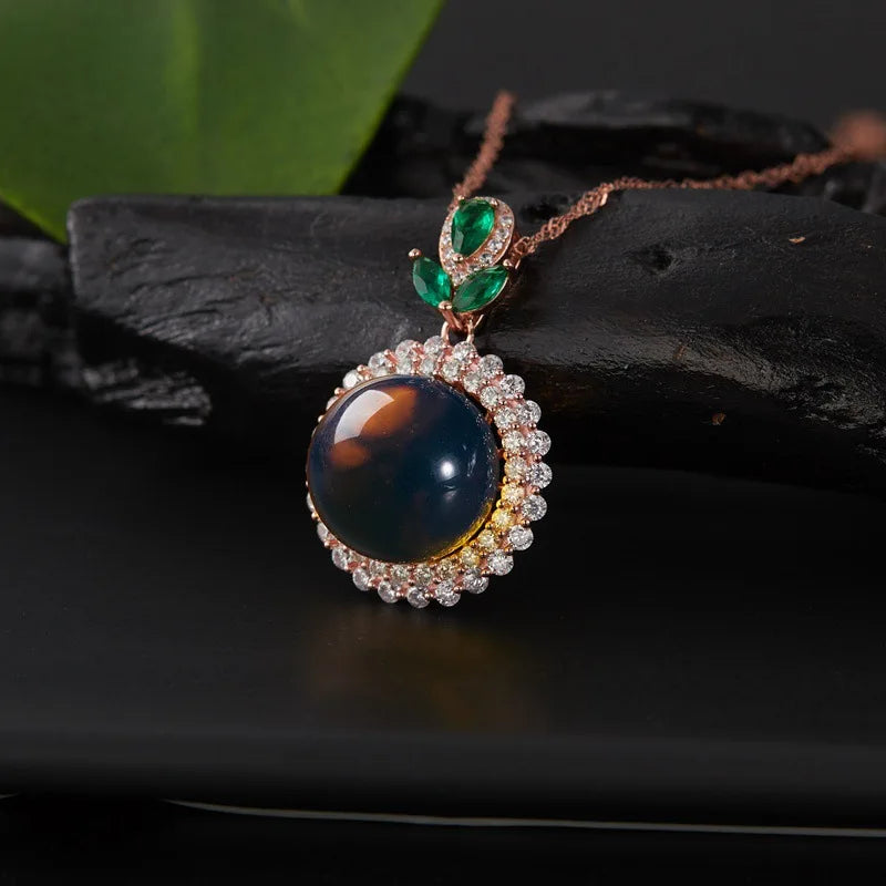 925 Silver Amber Pendant Necklace Chinese Ring Women Gemstone Zircon