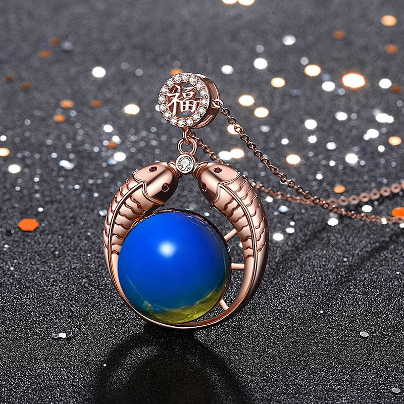 Pisces Gemstone Pendant Necklace 925 Silver Amulet