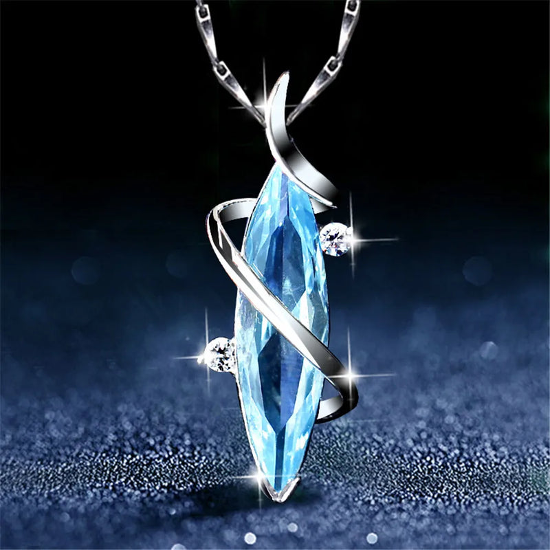 Aquamarine Diamond Pendant Necklace Crystal Choker Silver Jewelry