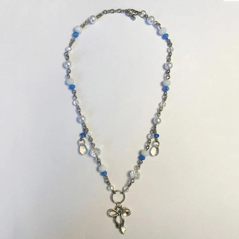 Beaded Bow Pendant Necklace Charm Jewelry