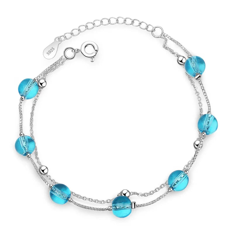 Crystal Beads Double Chains Bracelet 925 Silver Jewelry