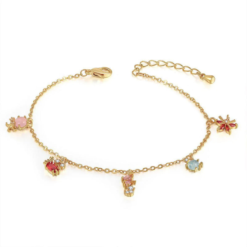 18k Gold Dolphin Turtle Crab Pendant Bracelet Pink Red Zircon Women's Jewelry