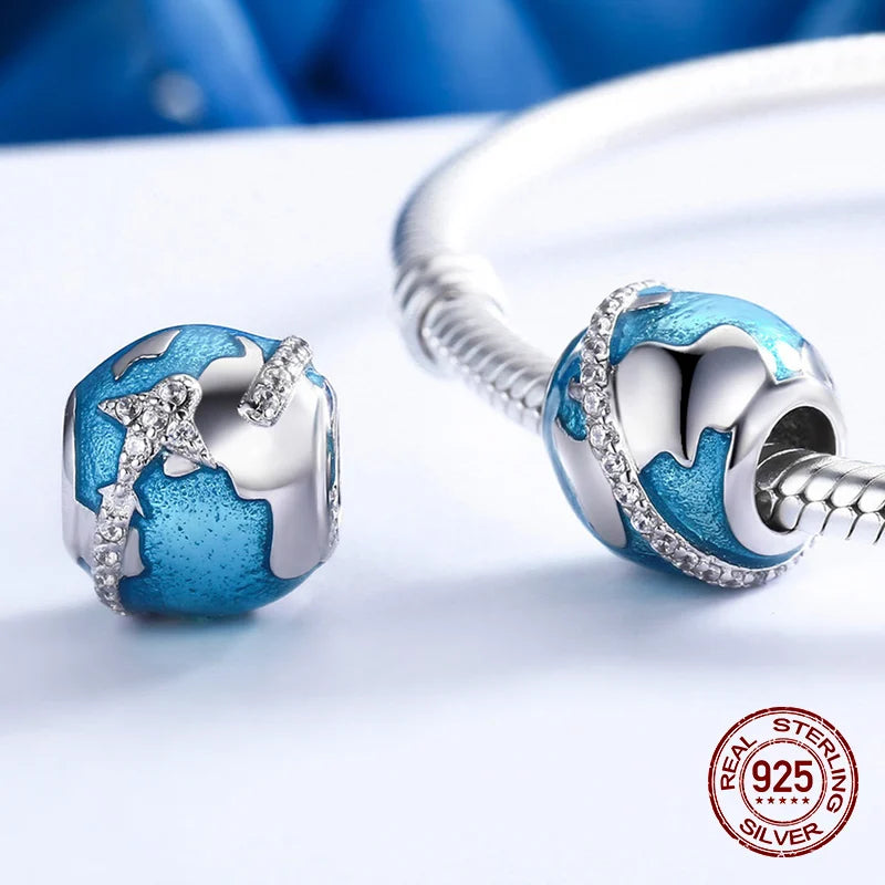 Enamel Globe Aircraft Charm for 925 Silver Bangle Bracelet