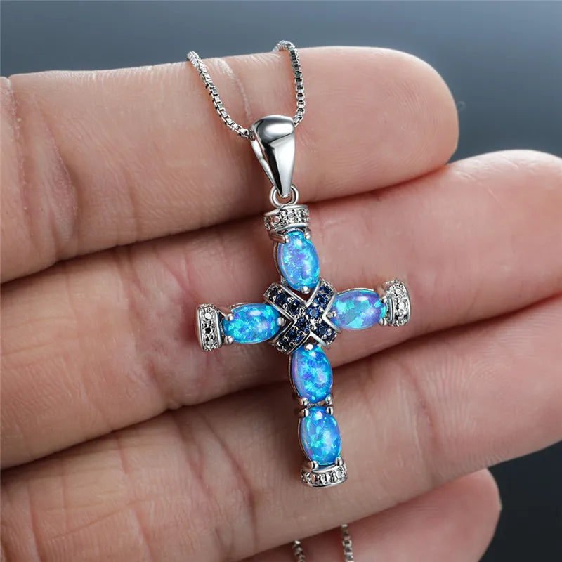 Vintage 925 Silver Fire Opal Cross Pendant Necklace