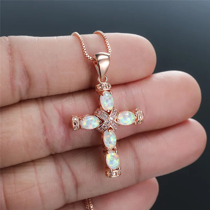 Vintage 925 Silver Fire Opal Cross Pendant Necklace