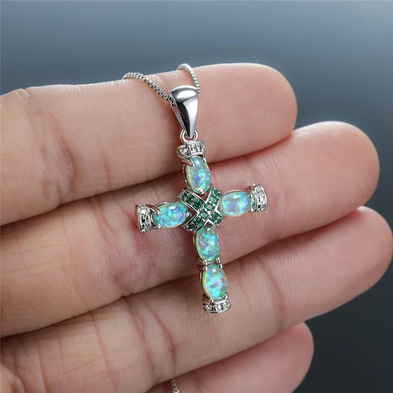 Vintage 925 Silver Fire Opal Cross Pendant Necklace