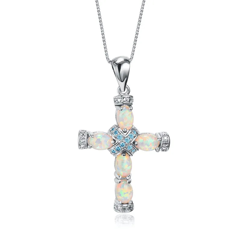 Vintage 925 Silver Fire Opal Cross Pendant Necklace