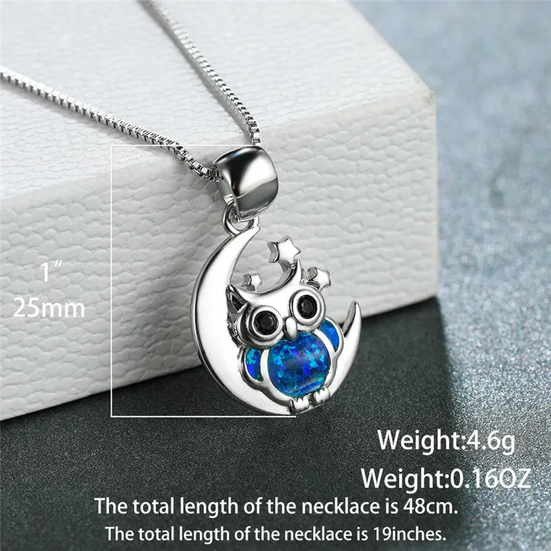 Fire Opal Owl Pendant Necklace Vintage Animal Jewelry 925 Silver Birthstone