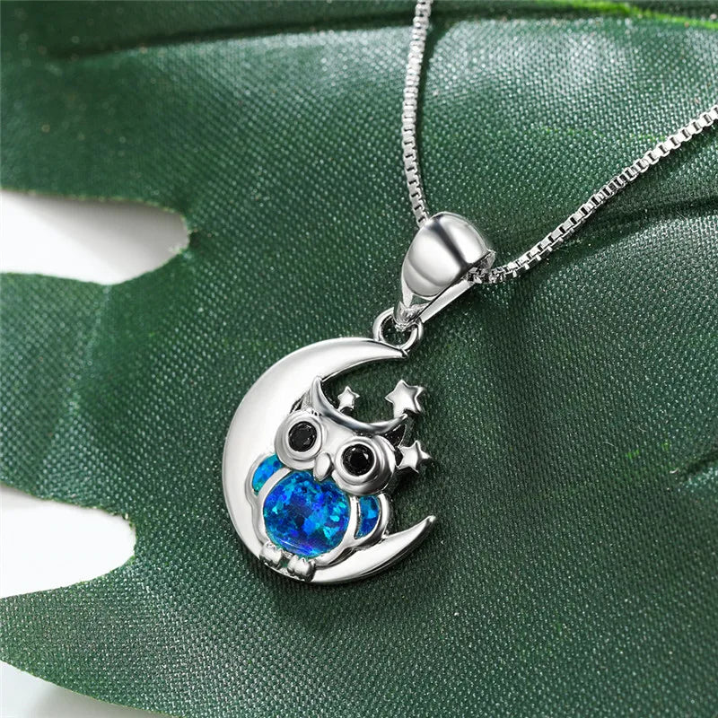 Fire Opal Owl Pendant Necklace Vintage Animal Jewelry 925 Silver Birthstone