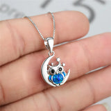 Fire Opal Owl Pendant Necklace Vintage Animal Jewelry 925 Silver Birthstone