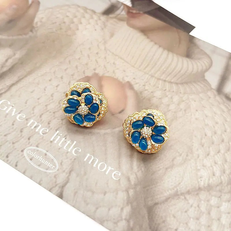Vintage Flower Rhinestone Clip Earrings
