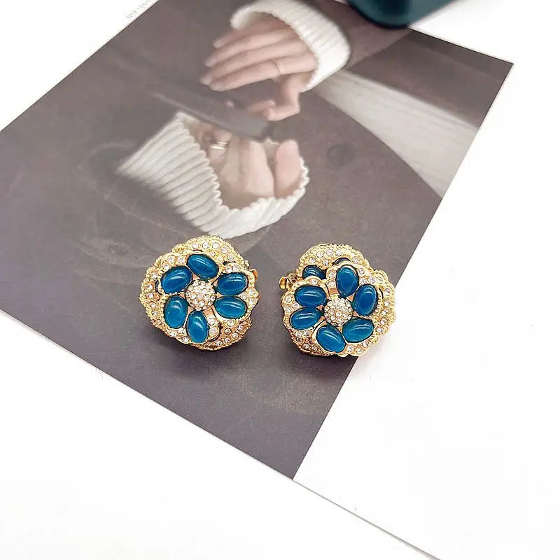 Vintage Flower Rhinestone Clip Earrings