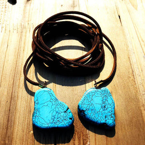 Irregular Turquoise Pendant Long Leather Rope Necklace