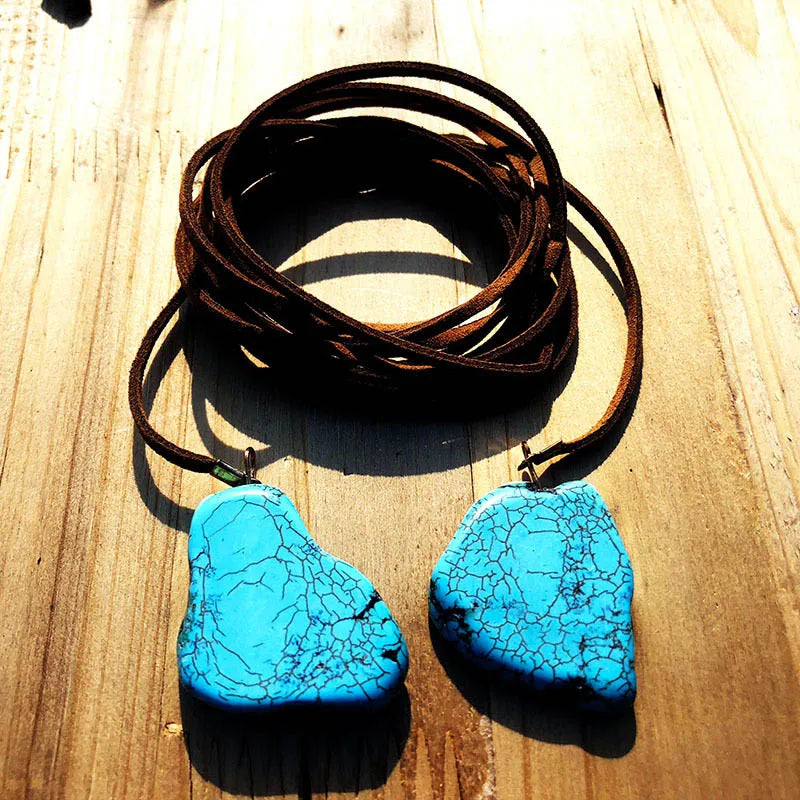 Irregular Turquoise Pendant Long Leather Rope Necklace