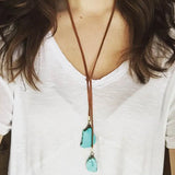 Irregular Turquoise Pendant Long Leather Rope Necklace