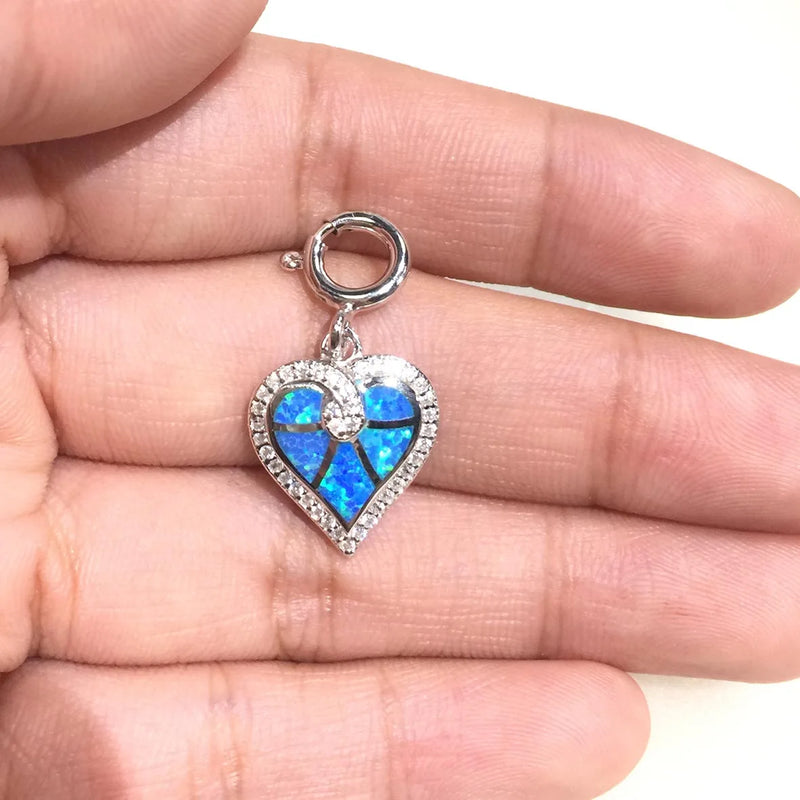 Opal Stone Heart Charms 925 Silver with Spring Clasp
