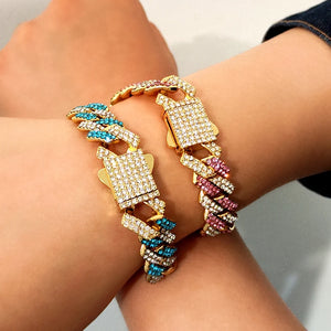 Pink Rhinestone Cuban Link Chain Bracelet Hip Hop Iced Out Crystal Paved