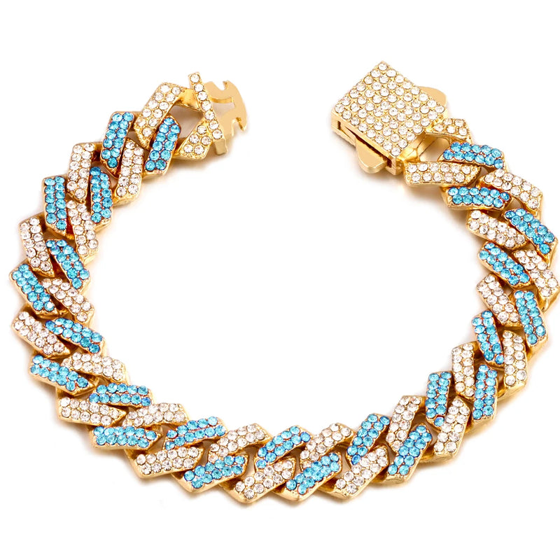 Pink Rhinestone Cuban Link Chain Bracelet Hip Hop Iced Out Crystal Paved
