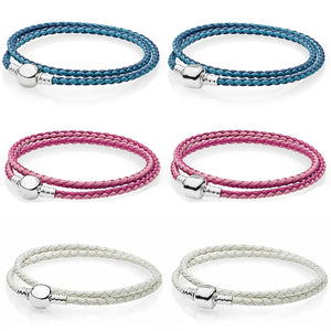 & Pink Mix Double Woven Leather Bracelet Fit Europe Snake Chain Bangle