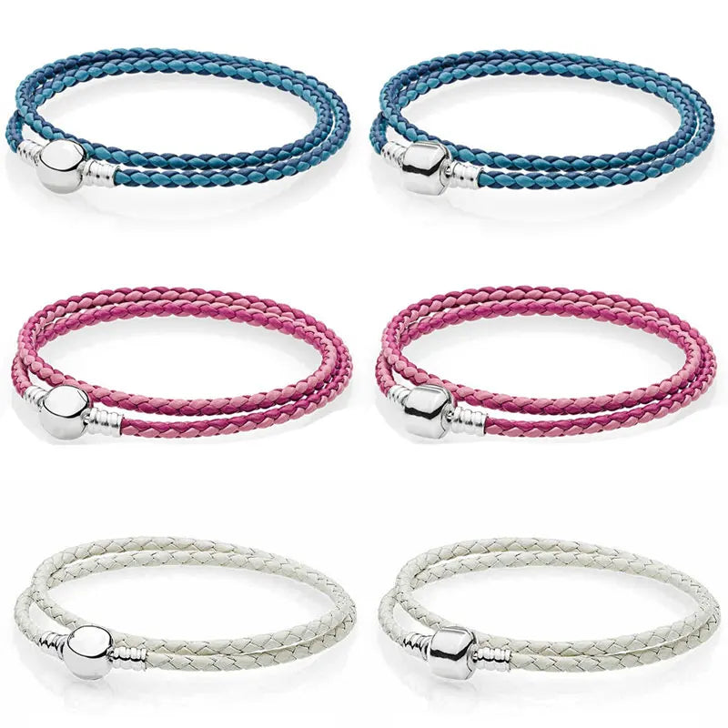 & Pink Mix Double Woven Leather Bracelet Fit Europe Snake Chain Bangle