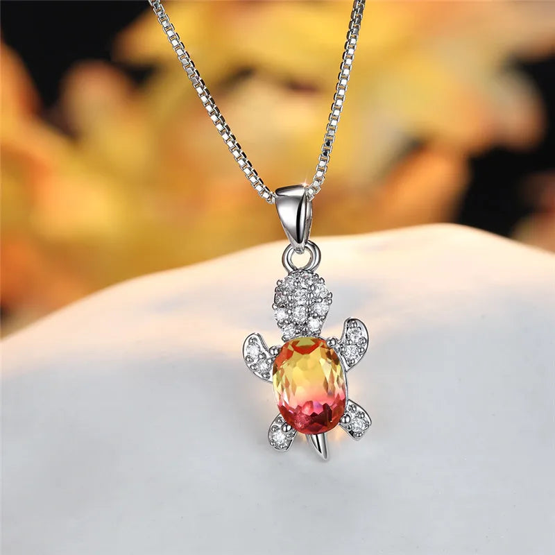 Purple Oval Zircon Pendant Rainbow Stone Turtle Necklaces For Women