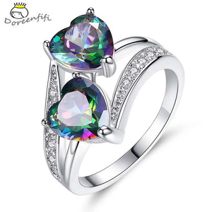 Red Double Heart Rainbow 925 Sterling Silver CZ Ring Wedding Zircon Jewelry