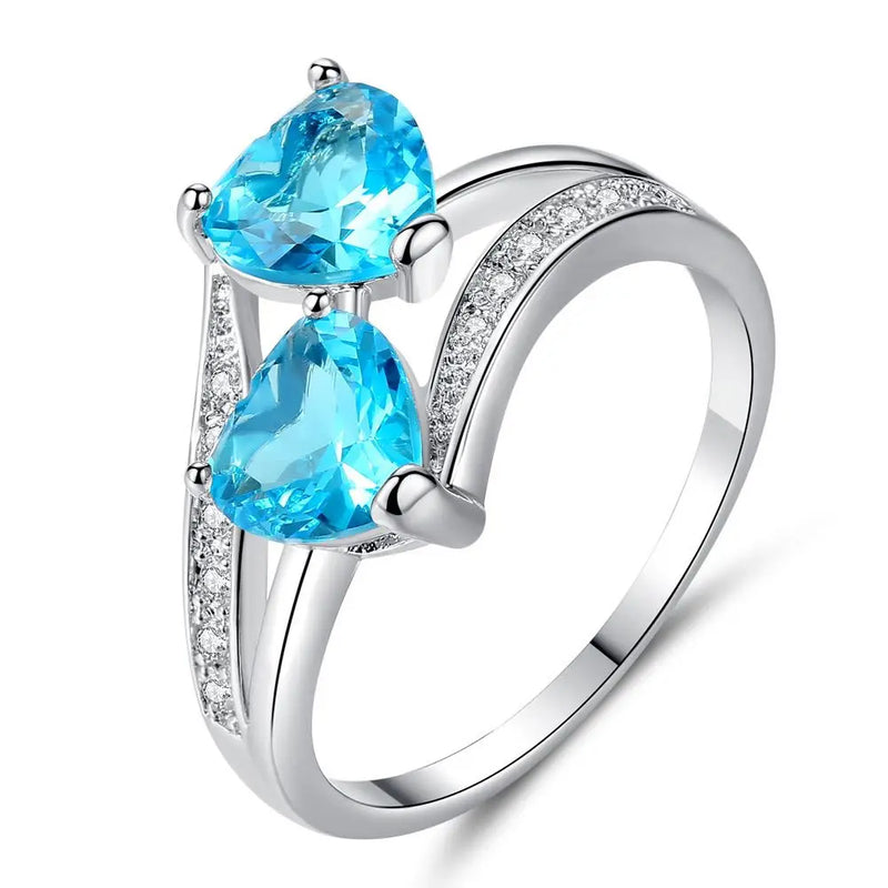 Red Double Heart Rainbow 925 Sterling Silver CZ Ring Wedding Zircon Jewelry