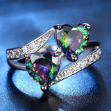 Red Double Heart Rainbow 925 Sterling Silver CZ Ring Wedding Zircon Jewelry