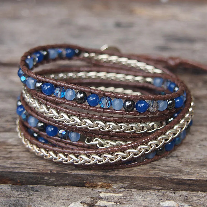 Stones Stainless Steel Chain Wrap Bracelet Hematite Crystal Beads