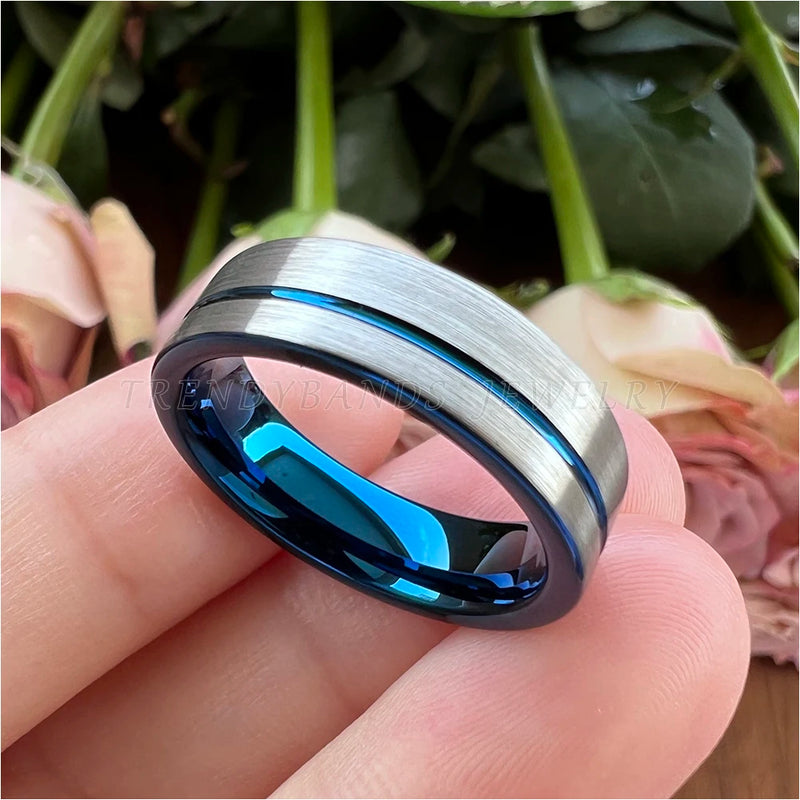 Tungsten Carbide Offset Grooved Brushed Finish Wedding Band