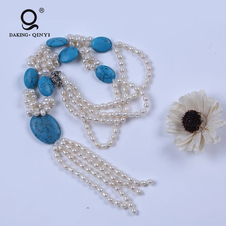 Turquoise Freshwater Pearl Pendant Necklace with Tassel