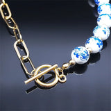 Porcelain Beads Necklace for Women Stainless Steel Ceramic Choker Necklaces