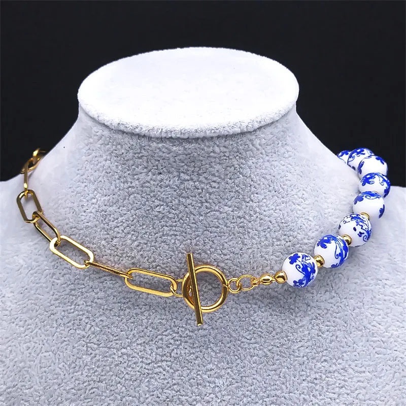 Porcelain Beads Necklace for Women Stainless Steel Ceramic Choker Necklaces