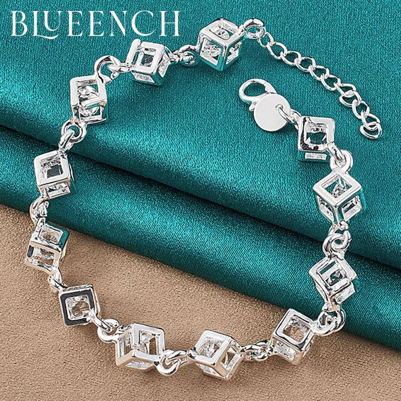 925 Silver Checkered Link Bracelet for Ladies Party Glamour Jewelry
