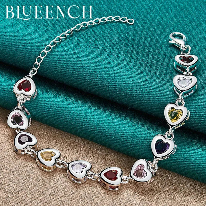 925 Silver Heart Peach Multicolor Zircon Bracelet Women's Wedding Charm