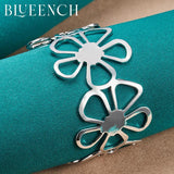 925 Silver Hollowed Flower Wide Bracelet for Women's Wedding Party