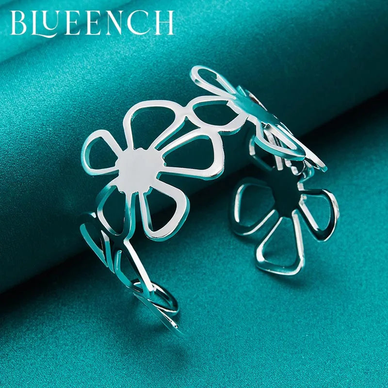 925 Silver Hollowed Flower Wide Bracelet for Women's Wedding Party