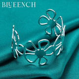 925 Silver Hollowed Flower Wide Bracelet for Women's Wedding Party